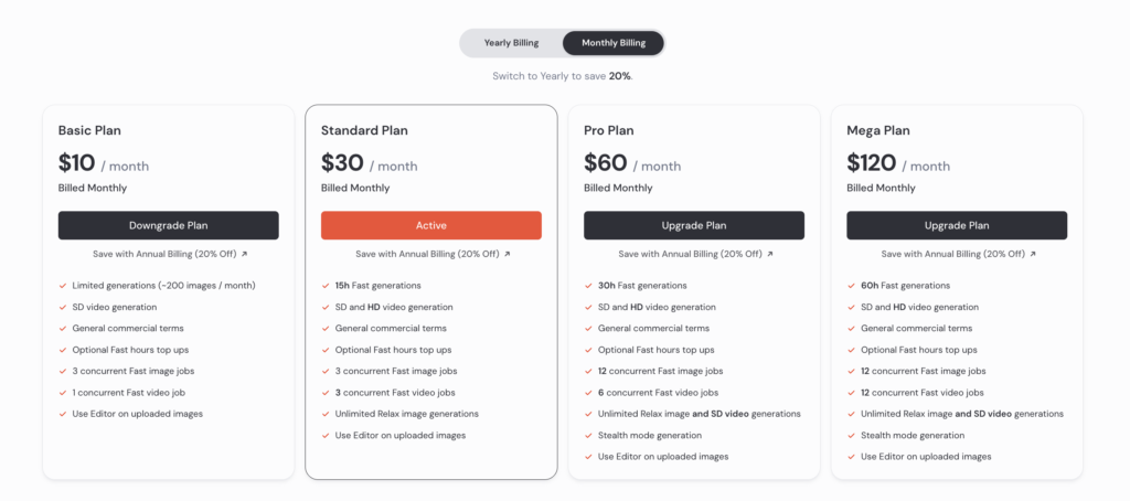 미드저니 공식 Subscription 페이지 Basic 플랜 10달러 가격표